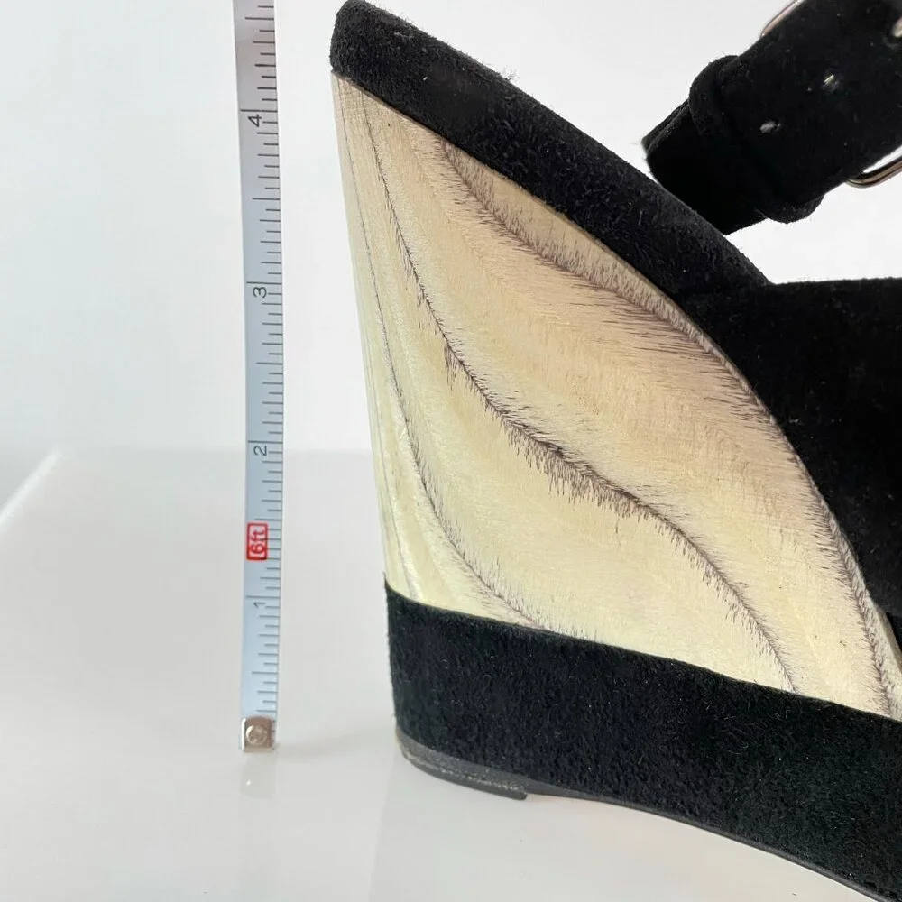 Runway | Miu Miu Suede Sandal Wedge | Black & Marblized Wood | T Strap Platform